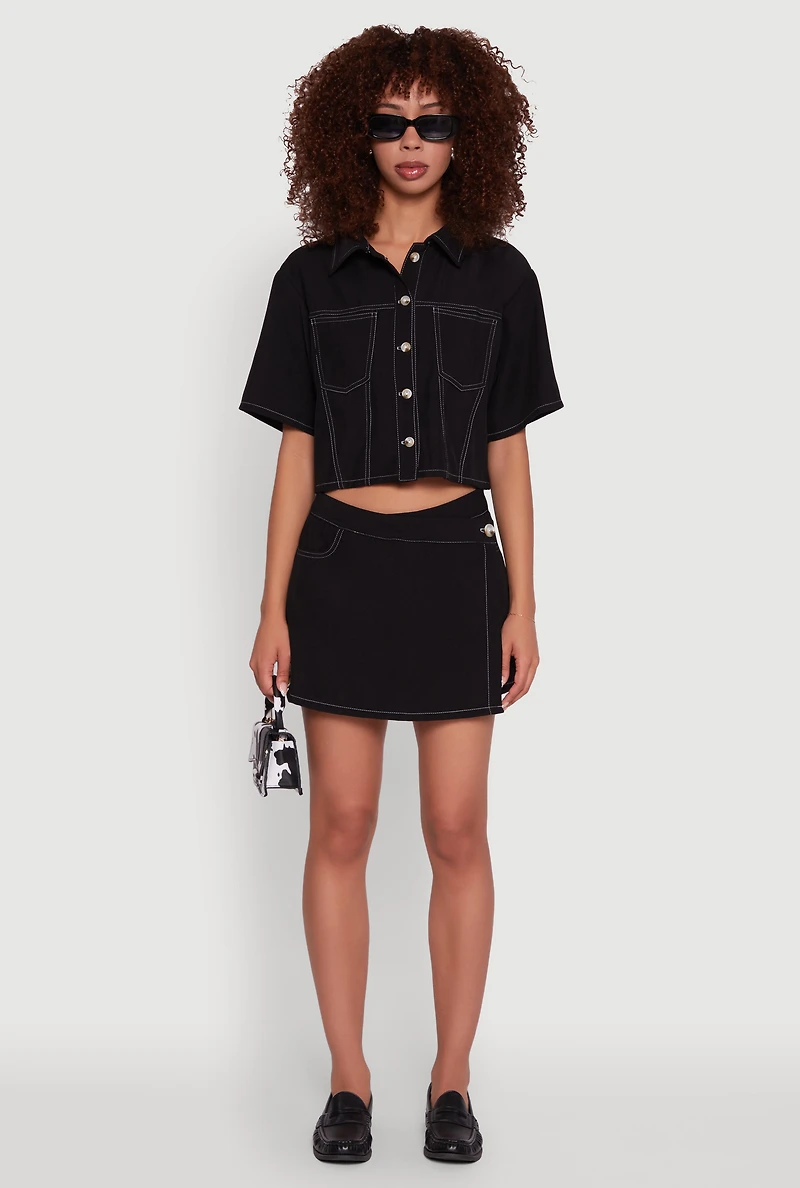 Womens Twill Cropped Button Front Shirt, Black, Size S