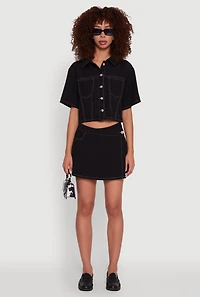 Womens Twill Cropped Button Front Shirt, Black, Size S