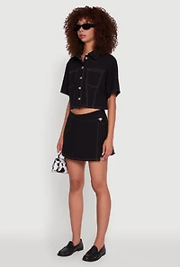 Womens Twill Cropped Button Front Shirt, Black, Size S