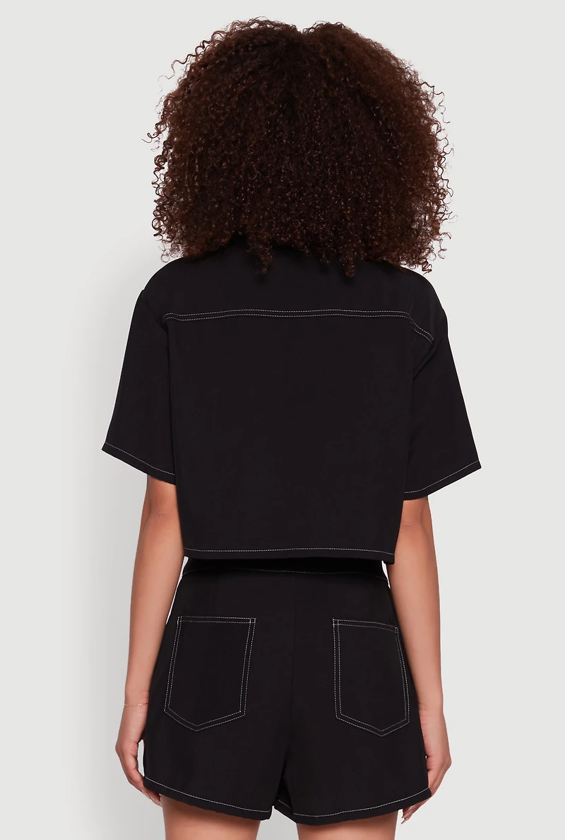 Womens Twill Cropped Button Front Shirt, Black, Size S