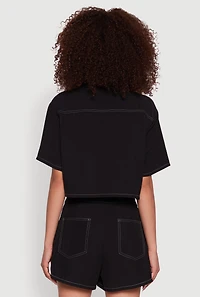 Womens Twill Cropped Button Front Shirt, Black, Size S