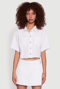 Womens Twill Cropped Button Front Shirt, White, Size S