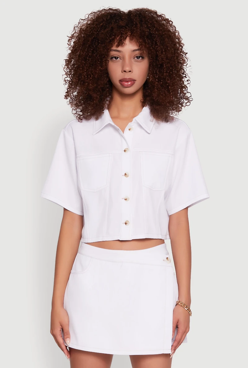 Womens Twill Cropped Button Front Shirt, White, Size L