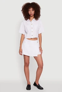 Womens Twill Cropped Button Front Shirt, White, Size L