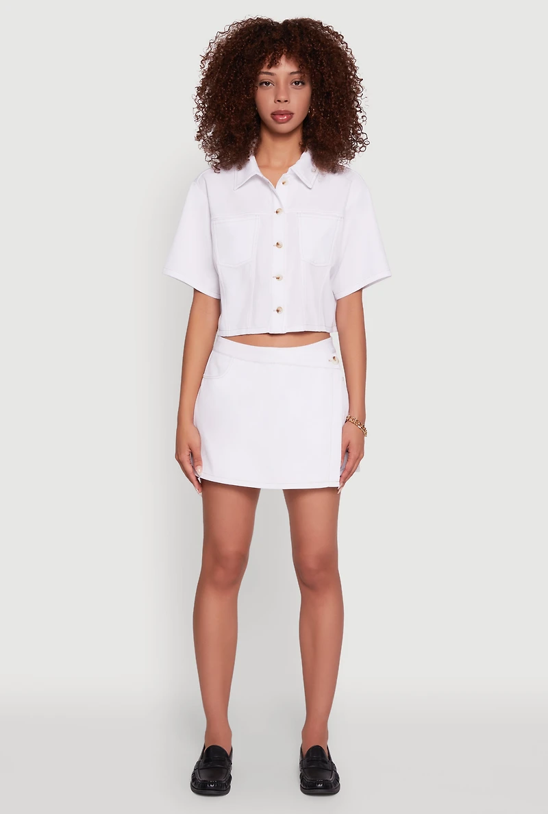 Womens Twill Cropped Button Front Shirt, White, Size S