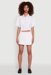 Womens Twill Cropped Button Front Shirt, White, Size S