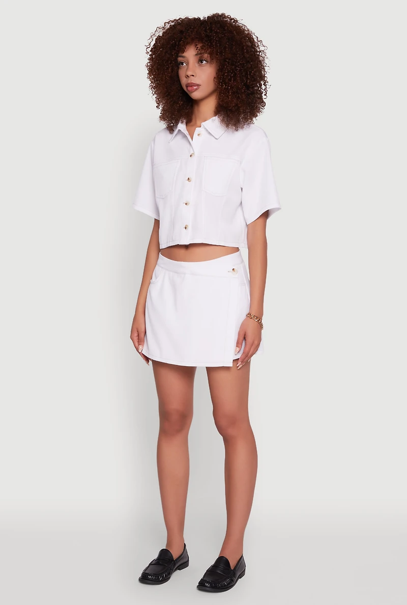 Womens Twill Cropped Button Front Shirt, White, Size L