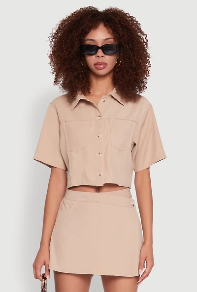 Womens Twill Cropped Button Front Shirt, Beige, Size S