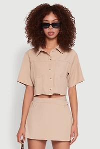 Womens Twill Cropped Button Front Shirt, Beige, Size S