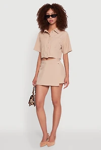Womens Twill Cropped Button Front Shirt, Beige, Size S