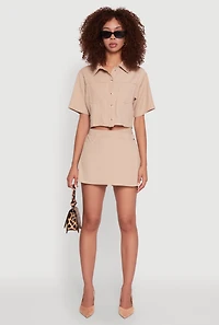 Womens Twill Cropped Button Front Shirt, Beige, Size S
