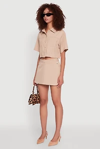 Womens Twill Cropped Button Front Shirt, Beige, Size S