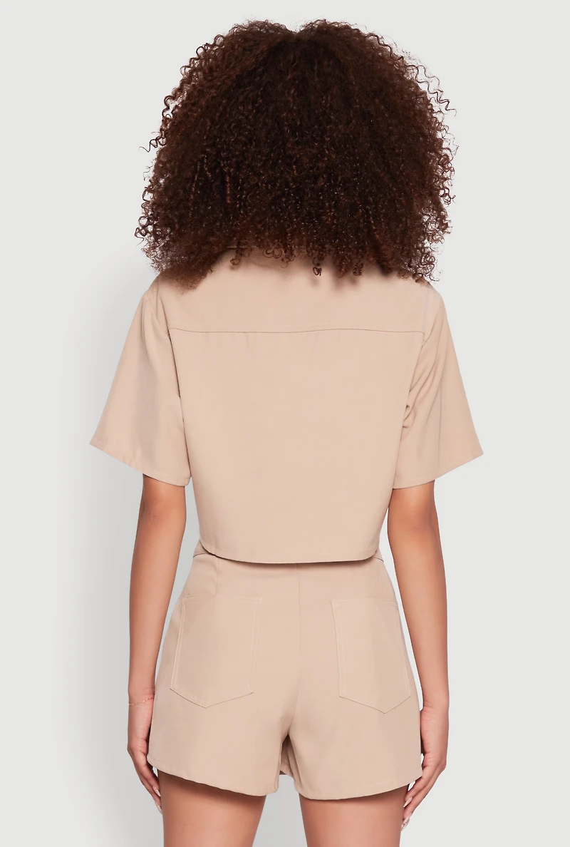Womens Twill Cropped Button Front Shirt, Beige, Size S