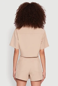 Womens Twill Cropped Button Front Shirt, Beige, Size S