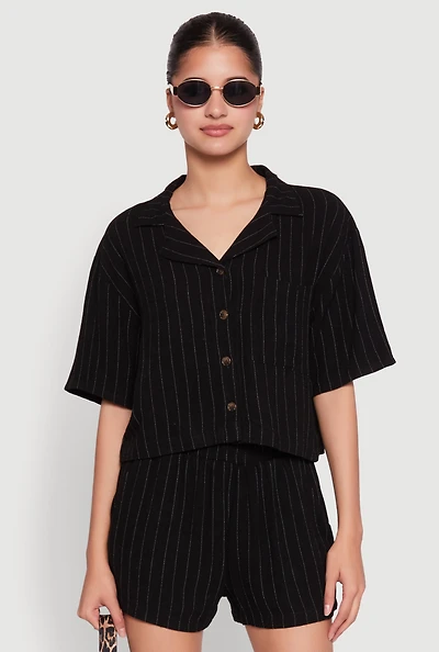Womens Linen Pinstripe Shirt, Black,