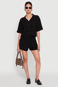 Womens Linen Pinstripe Shirt, Black, Size S