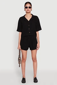 Womens Linen Pinstripe Shirt, Black, Size S