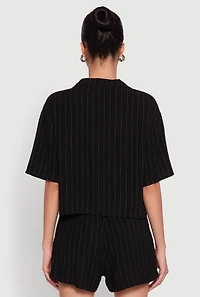 Womens Linen Pinstripe Shirt, Black, Size S