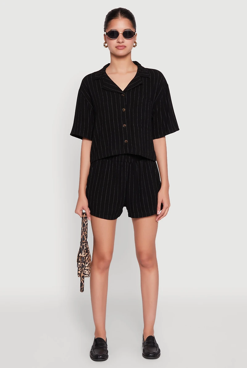 Womens Linen Pinstripe Shorts, Black, Size L