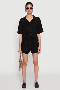 Womens Linen Pinstripe Shorts, Black, Size L