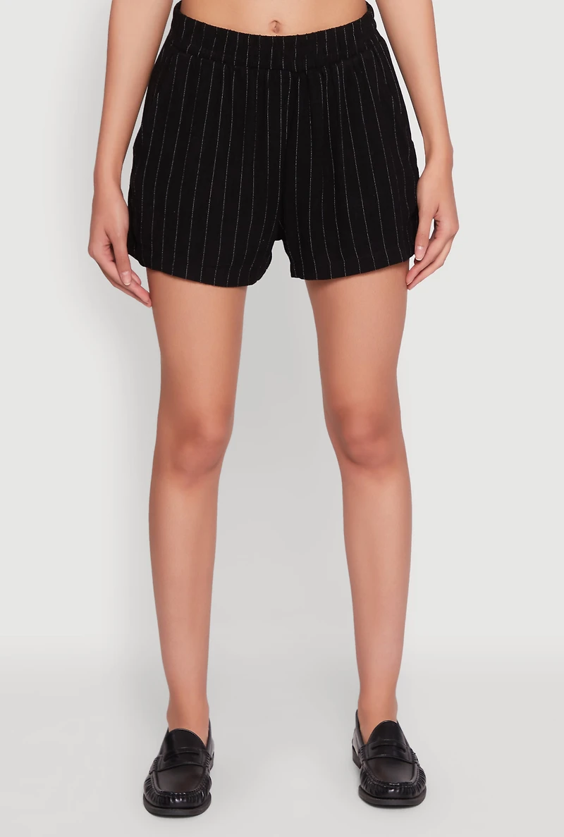 Womens Linen Pinstripe Shorts, Black, Size L