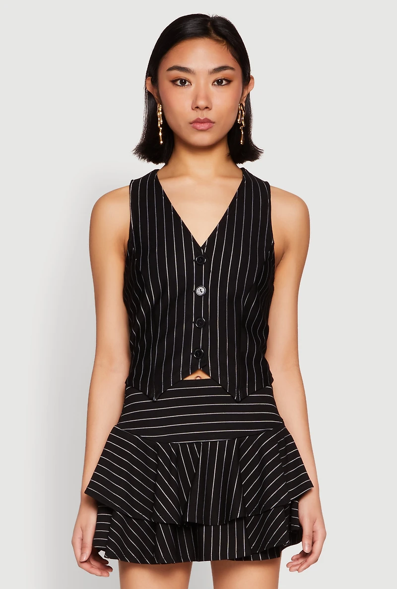 Womens Pinstripe Cropped Vest, Black, Size M