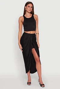 Soft Knit Twisted Front High Low Maxi Skirt