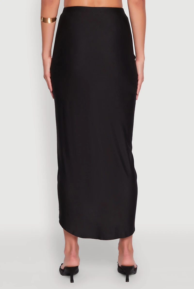 Womens Soft Knit Twisted Front High Low Maxi Skirt, Black, Size M