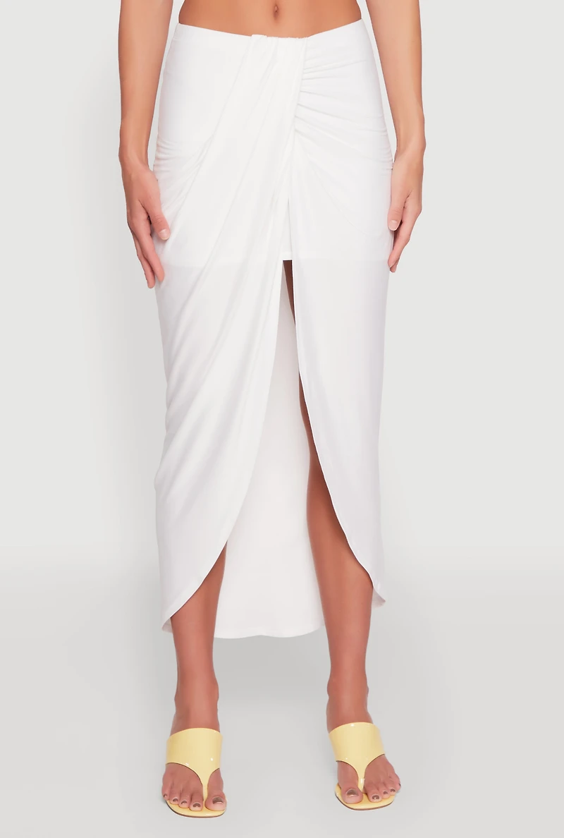 Womens Soft Knit Twisted Front High Low Maxi Skirt, White, Size M