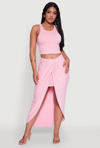 Womens Soft Knit Twisted Front High Low Maxi Skirt, Pink, Size L