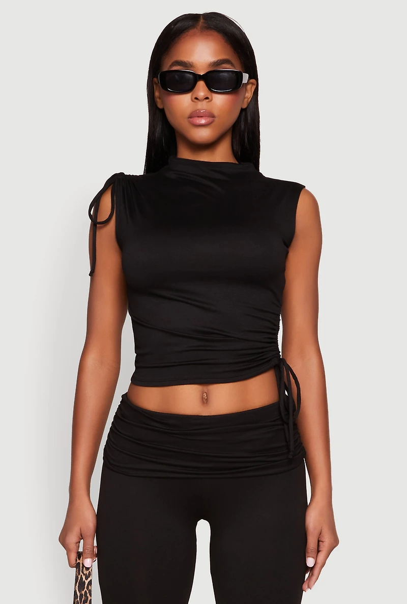 Womens Ruched Mock Neck Crop Top,
