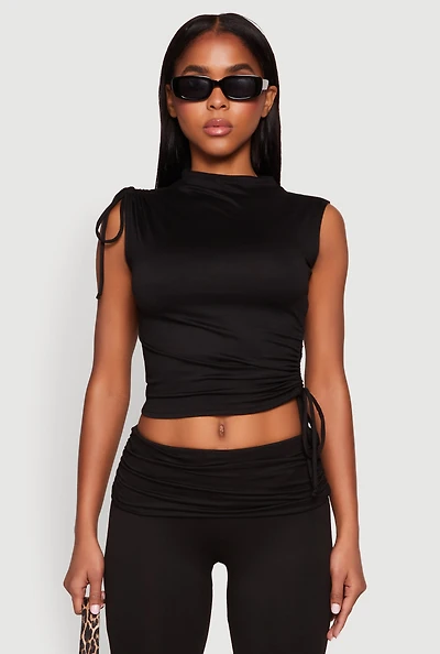 Womens Ruched Mock Neck Crop Top,