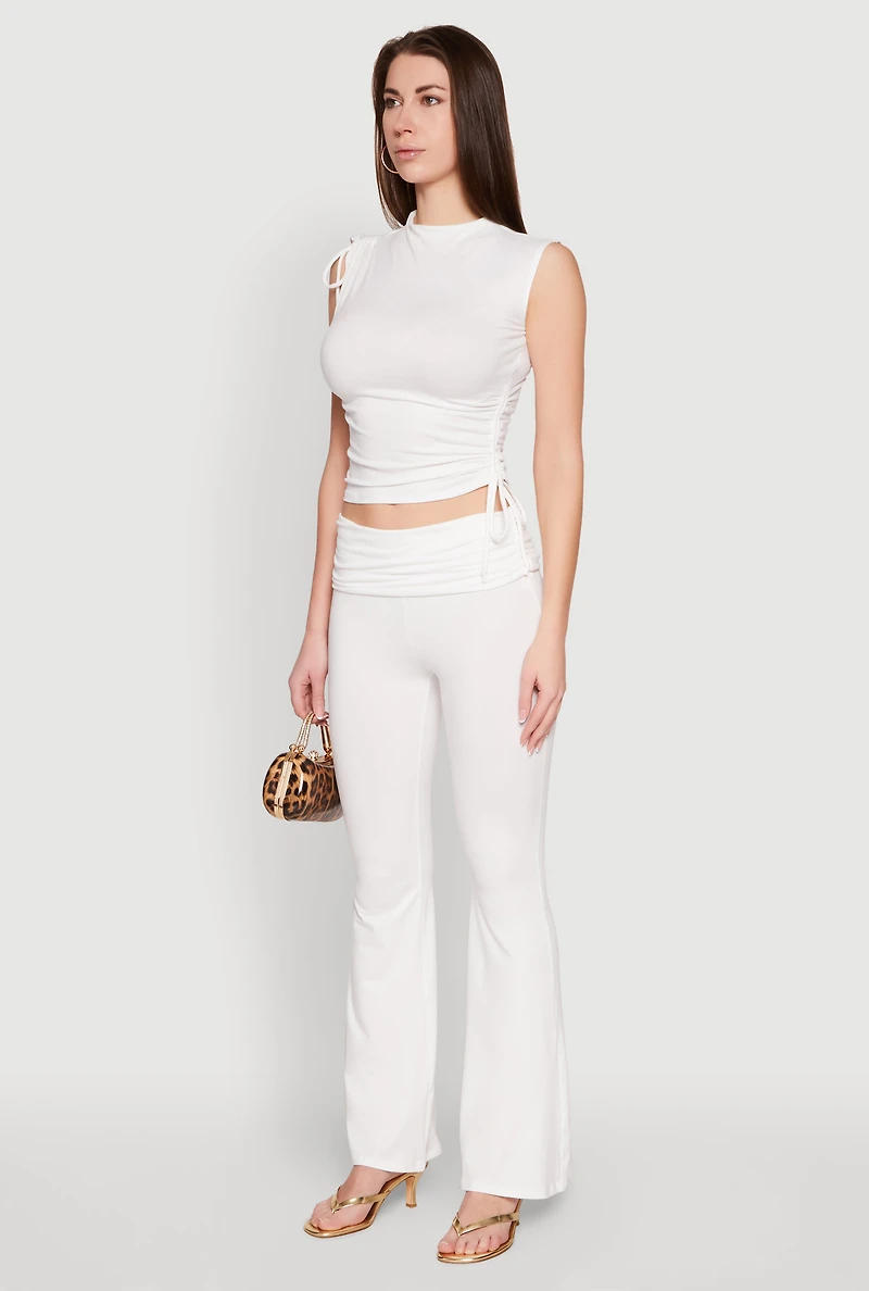 Womens Ruched Mock Neck Crop Top, White, Size L