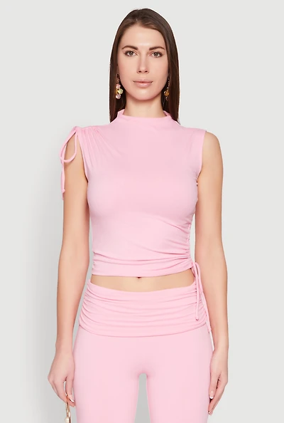 Womens Ruched Mock Neck Crop Top, Pink, Size L