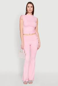 Womens Ruched Mock Neck Crop Top, Pink, Size L