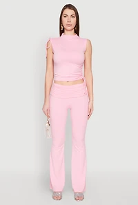 Womens Ruched Mock Neck Crop Top, Pink, Size L