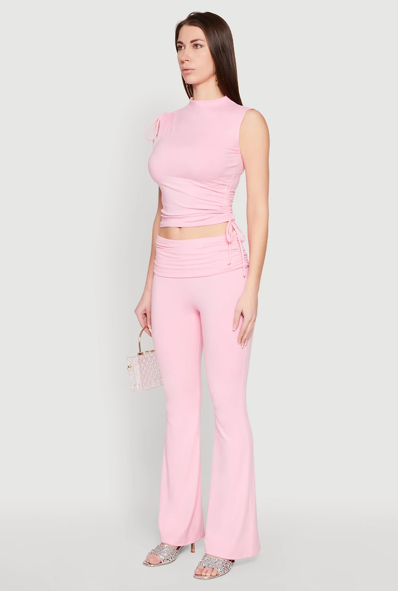 Womens Ruched Mock Neck Crop Top, Pink, Size L