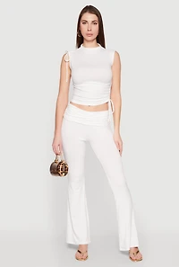 Womens Ruched Flare Leg Pants, White, Size M