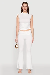 Womens Ruched Flare Leg Pants, White, Size XL