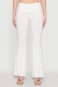 Womens Ruched Flare Leg Pants, White, Size M