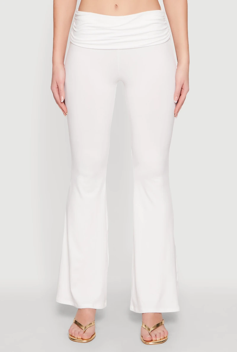 Womens Ruched Flare Leg Pants, White, Size L