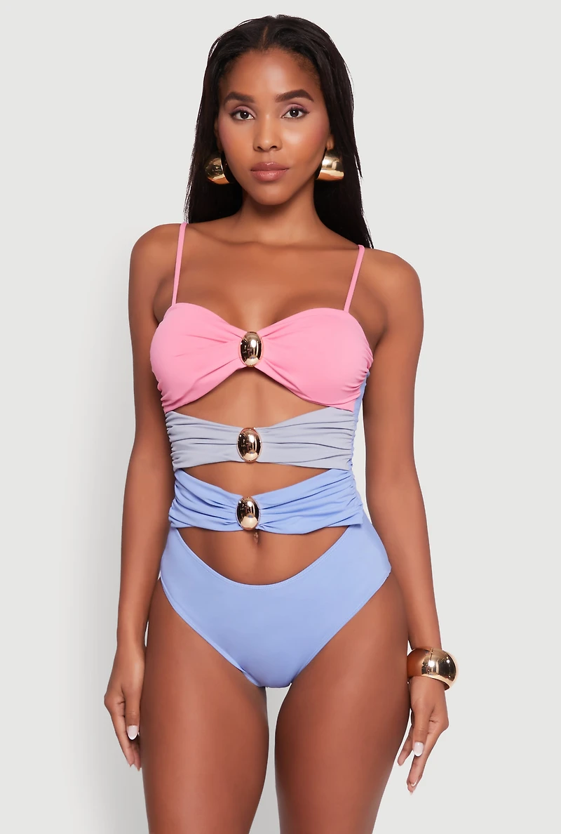 Stylish Color Blocked Metallic Detail One Piece Swimsuit