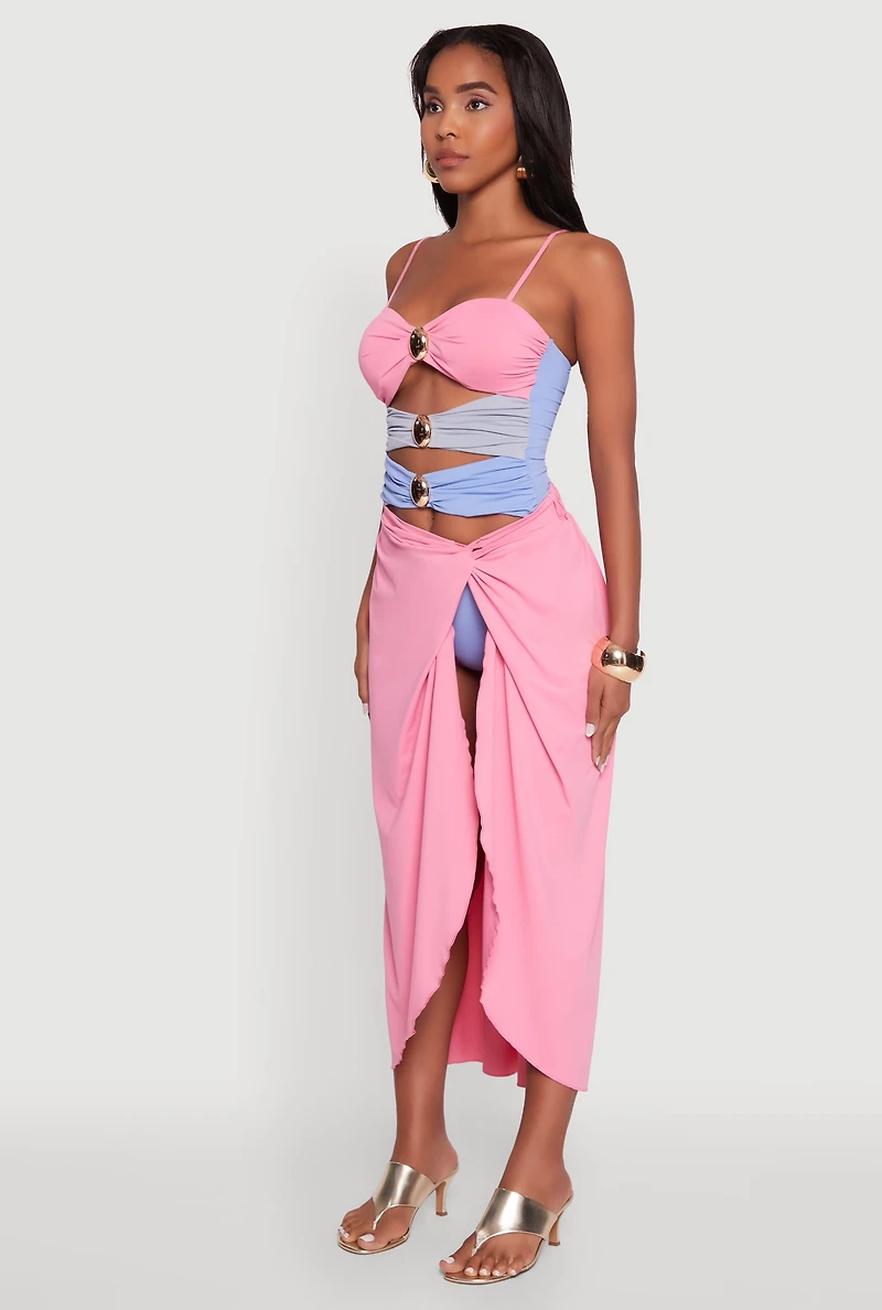 Stylish Color Blocked Metallic Detail One Piece Swimsuit