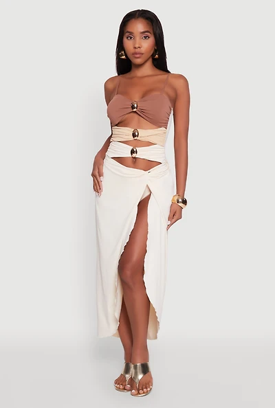 Womens Twist Front Tulip Swim Skirt, Khaki, Size L
