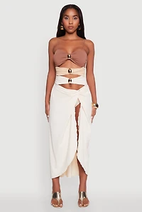 Womens Twist Front Tulip Swim Skirt, Khaki, Size L