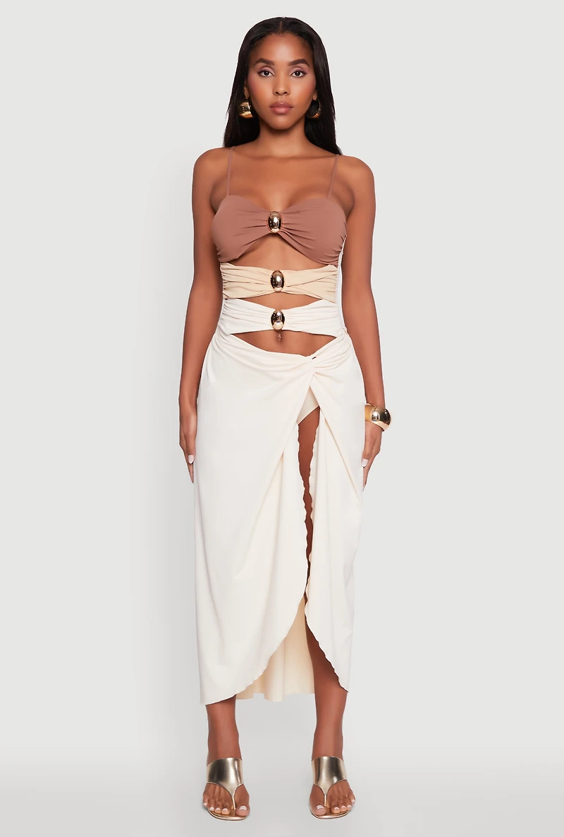 Womens Twist Front Tulip Swim Skirt, Khaki, Size S