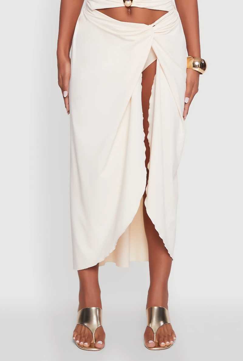 Womens Twist Front Tulip Swim Skirt, Khaki, Size S