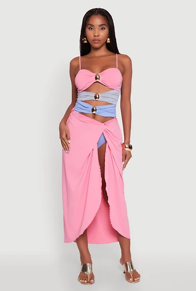 Womens Twist Front Tulip Swim Skirt, Pink, Size M