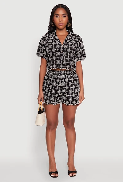 Womens Patterned Decorative Stitch Shorts, Black, Size S