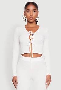 Womens Textured Knit Double Tie Front Crop Top, M